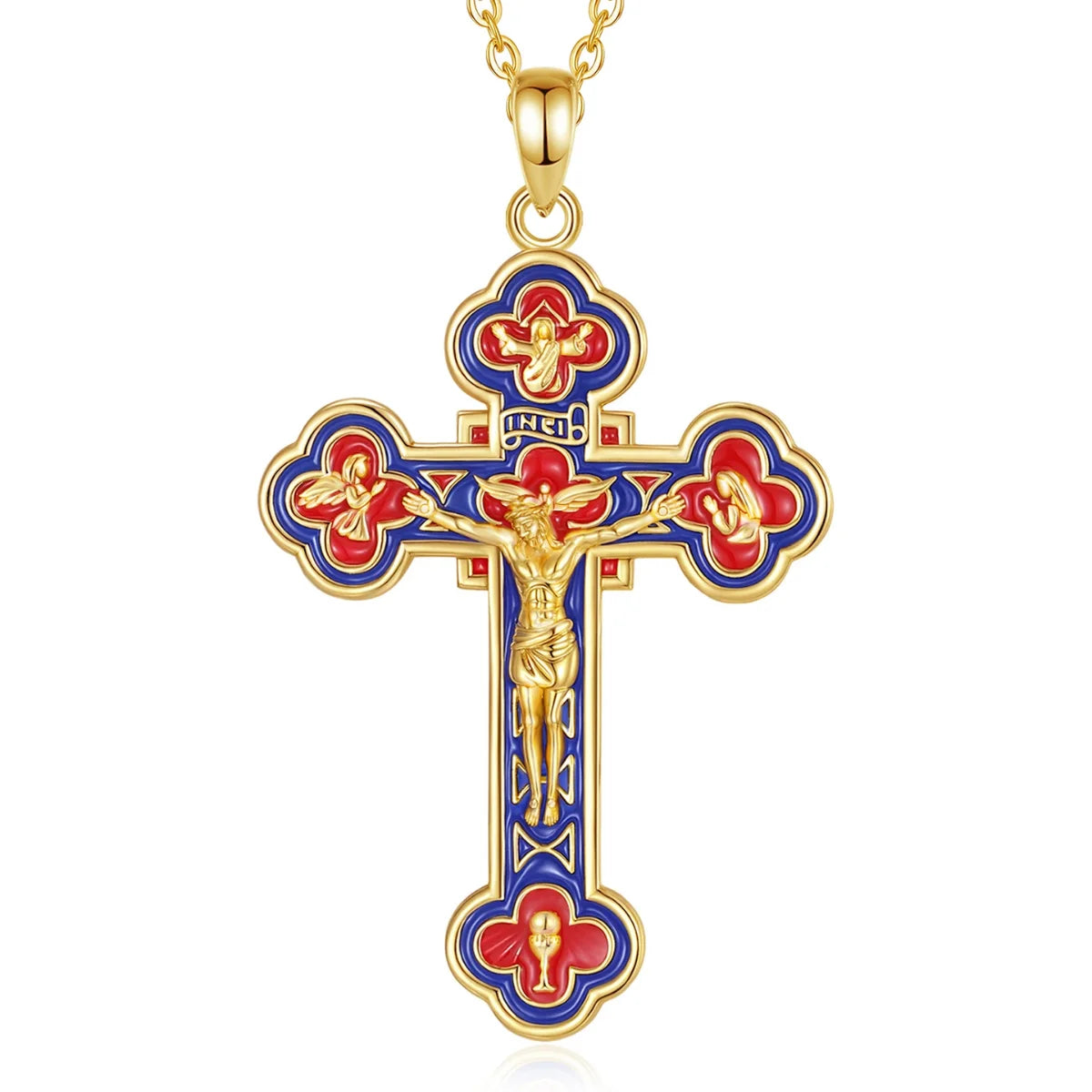 18k Gold Plated Silver Budded Cross Crucifix Pendant with 20inch Chain