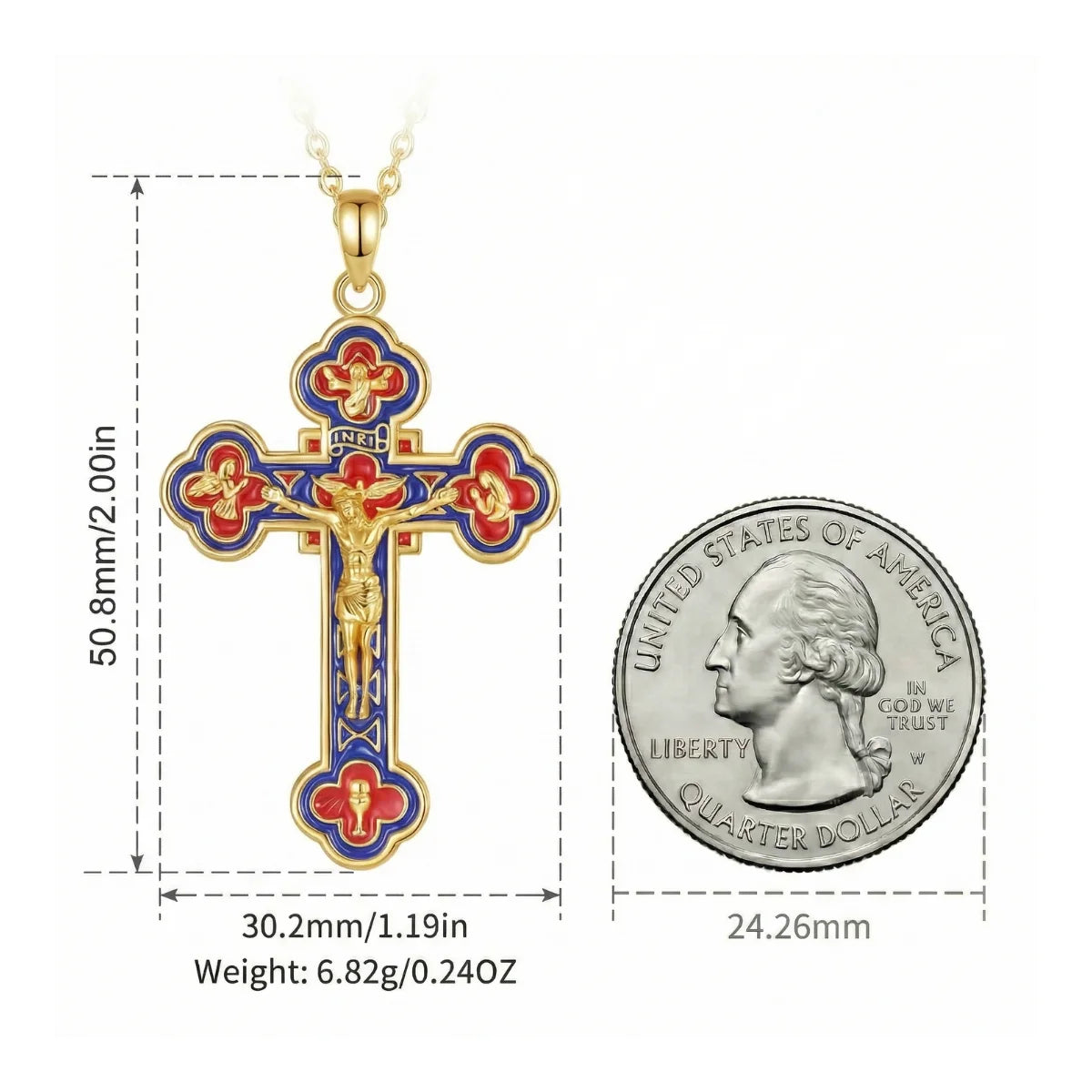 18k Gold Plated Silver Budded Cross Crucifix Size Comparison