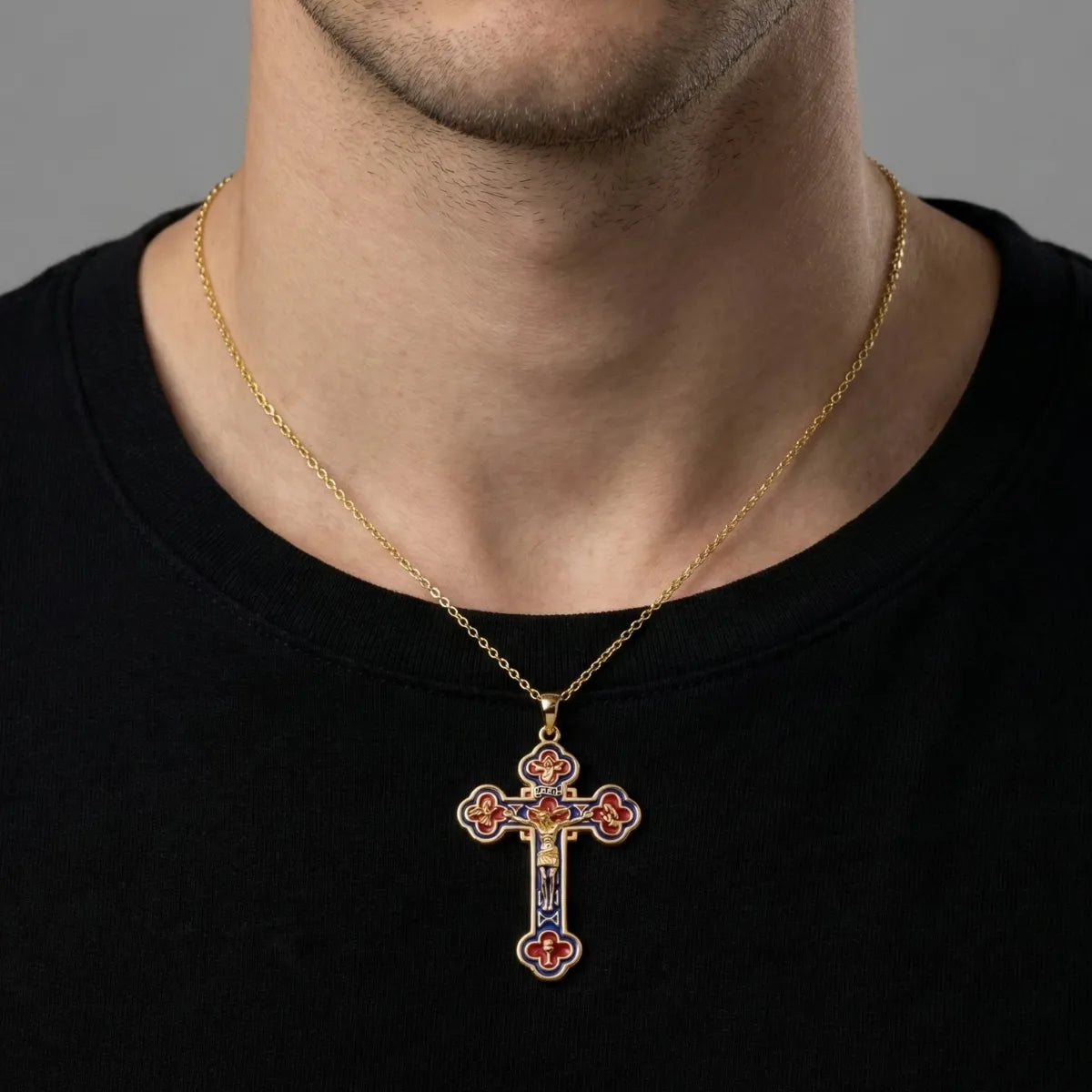 18k Gold Plated Silver Budded Cross Crucifix Worn by Male Model