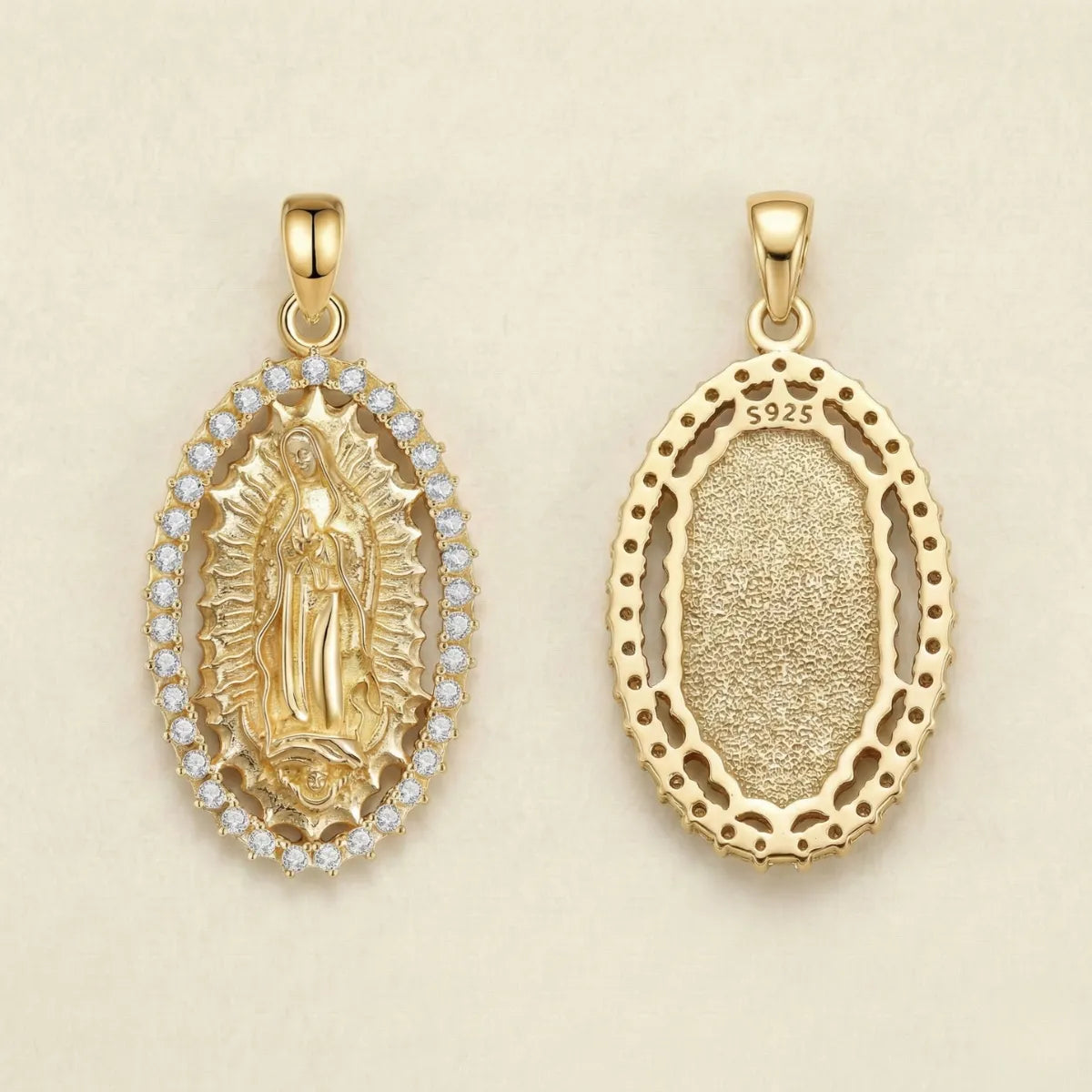 18k Gold Plated Silver Virgin Mary Halo Pendant Necklace with CZ Front and Back Side