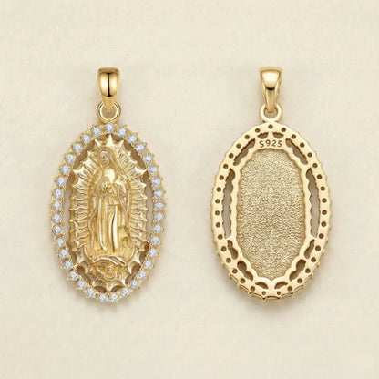 18k Gold Plated Silver Virgin Mary Halo Pendant Necklace with CZ Front and Back Side
