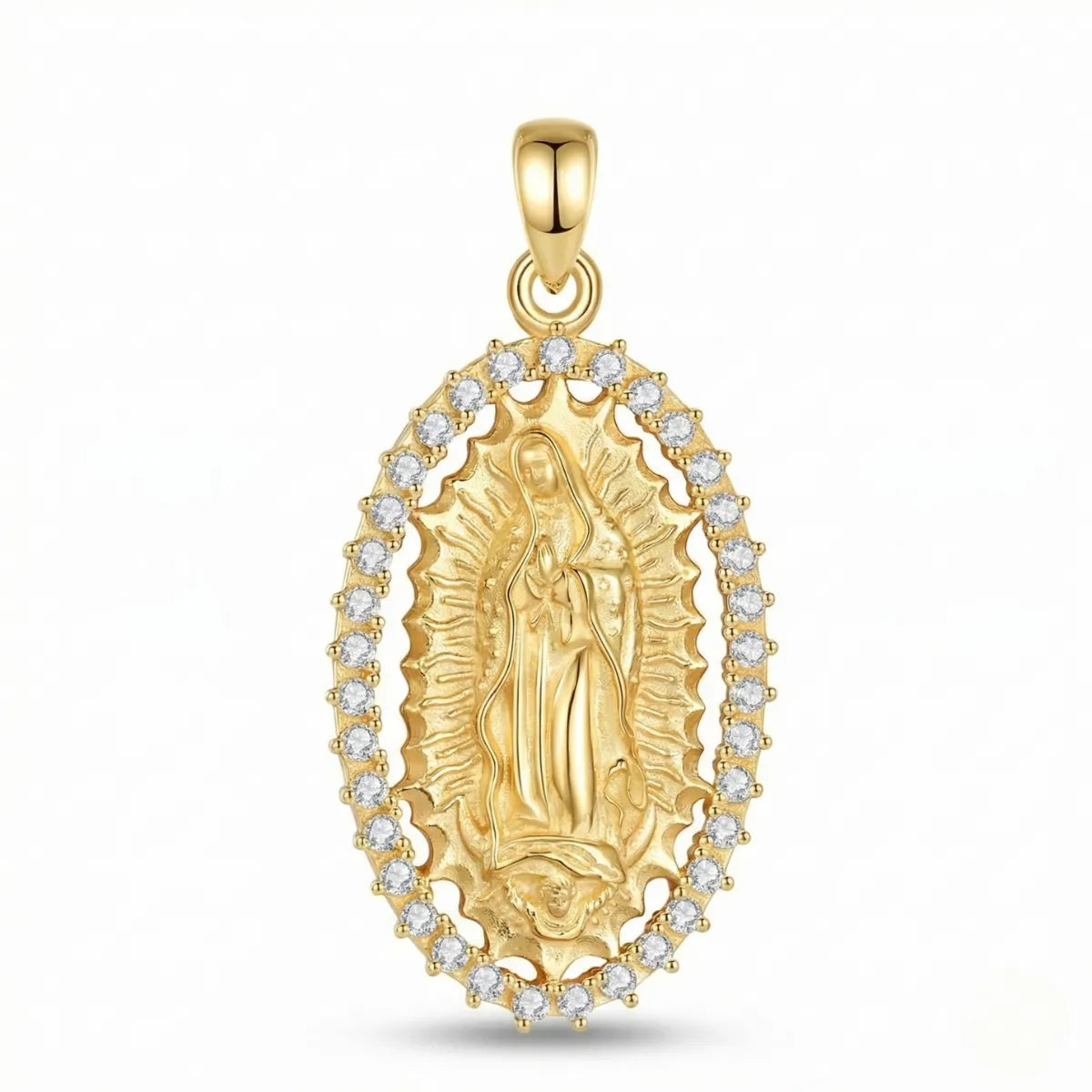 18k Gold Plated Silver Virgin Mary Halo Pendant Necklace with CZ