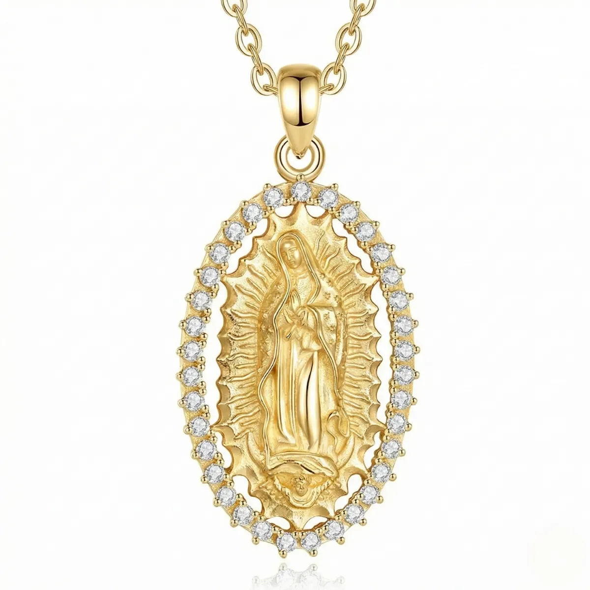 18k Gold Plated Silver Virgin Mary Halo Pendant Necklace with CZ Pendant with 18inch Chain
