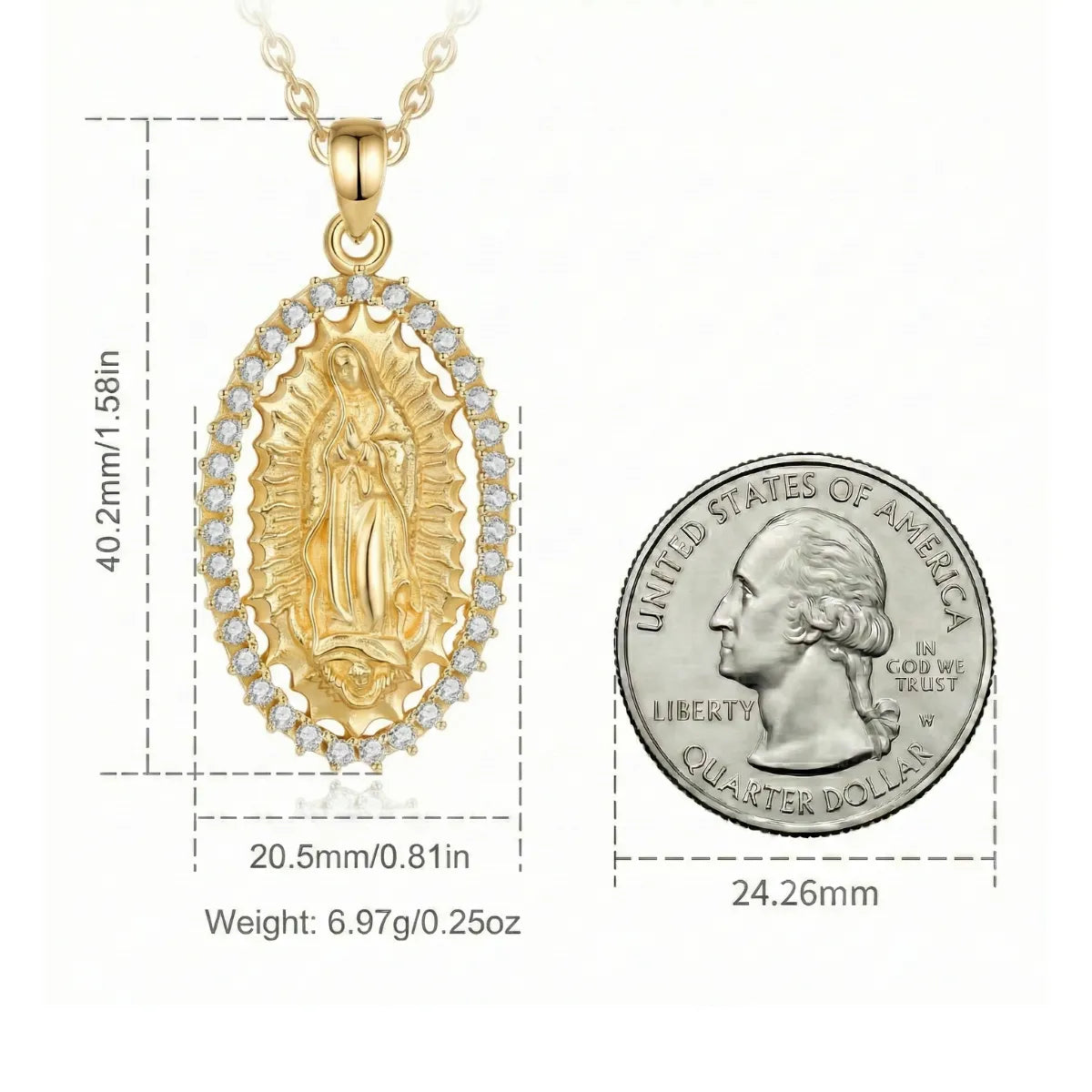 18k Gold Plated Silver Virgin Mary Halo Pendant Necklace with CZ Size Comparison