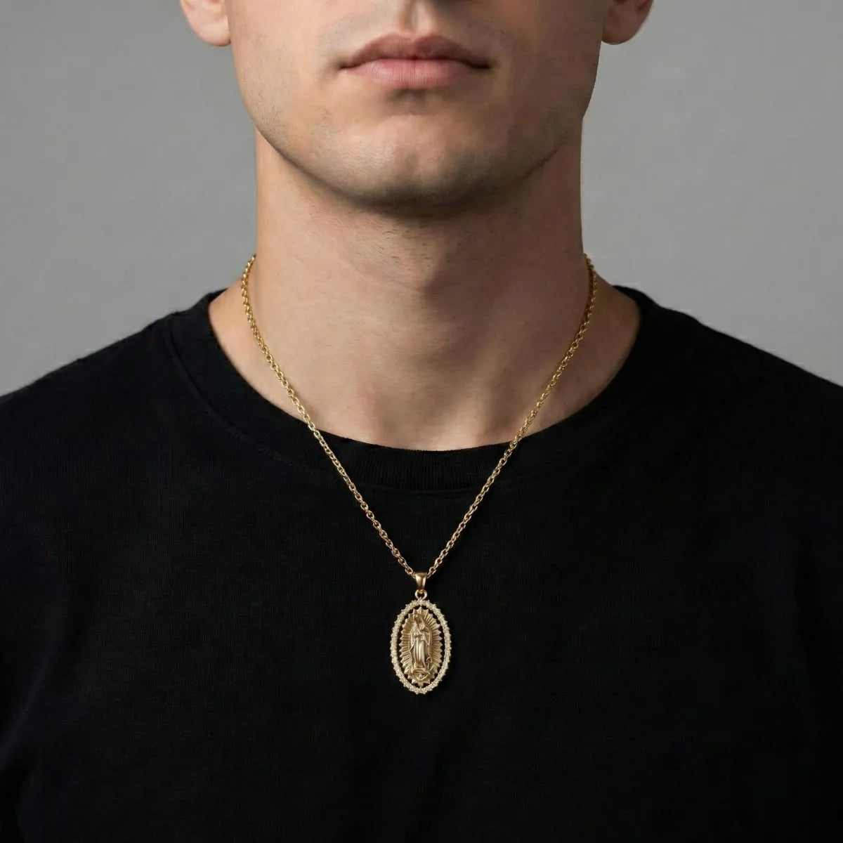 18k Gold Plated Silver Virgin Mary Halo Pendant Necklace with CZ Worn by Male Model