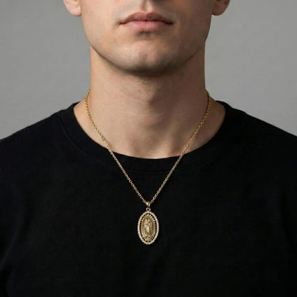 18k Gold Plated Silver Virgin Mary Halo Pendant Necklace with CZ Worn by Male Model