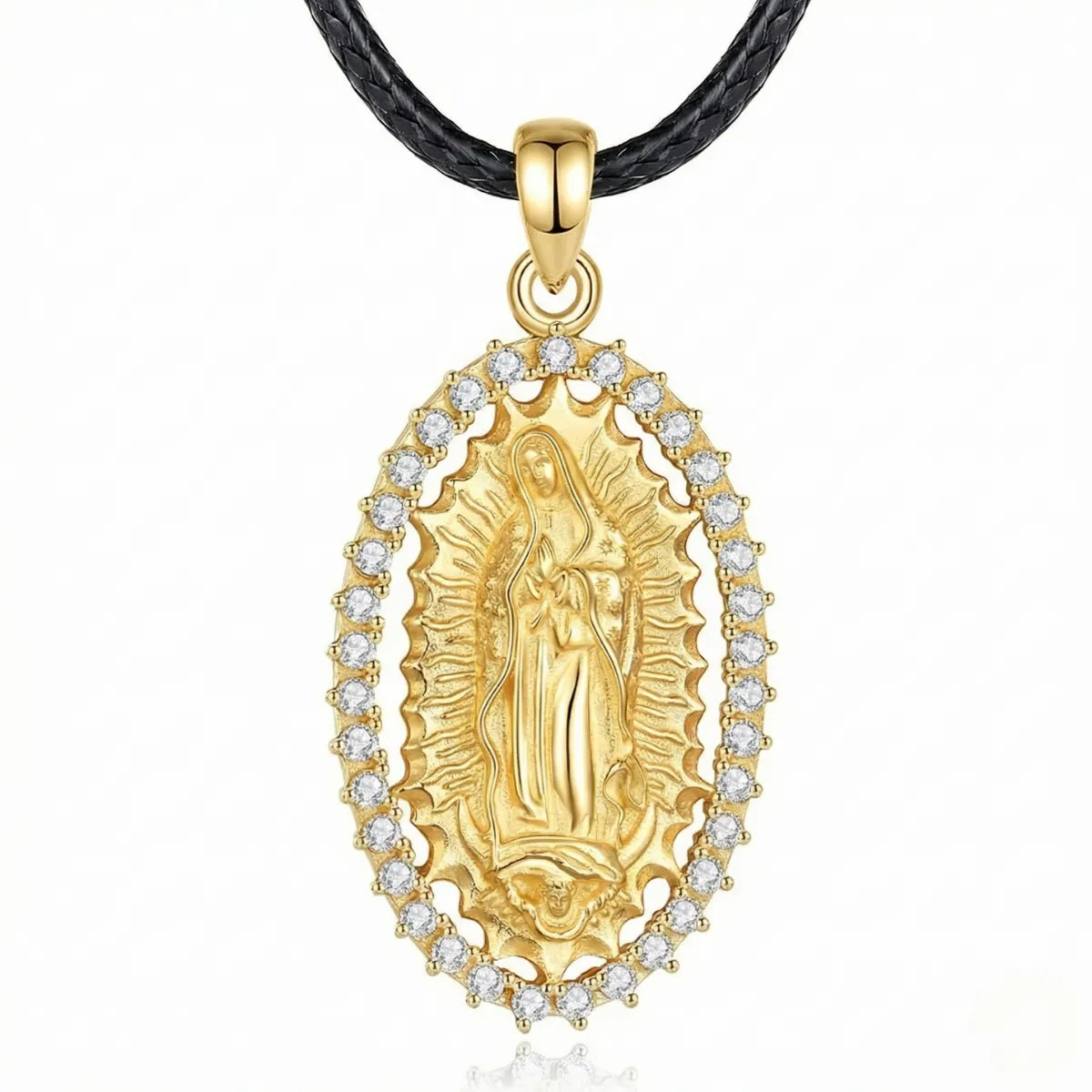 18k Gold Plated Silver Virgin Mary Halo Pendant Necklace with CZ with 24inch Rope