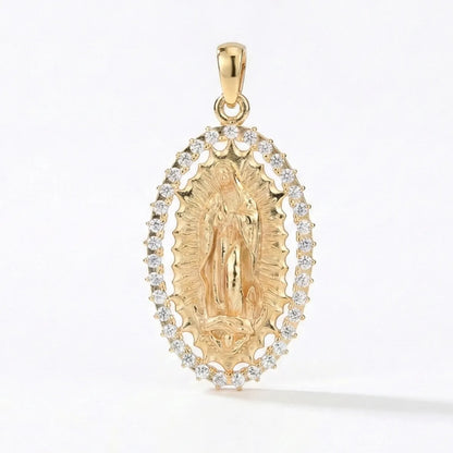 18k Gold Plated Silver Virgin Mary Halo Pendant Necklace with CZ