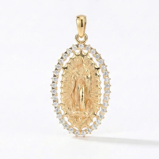 18k Gold Plated Silver Virgin Mary Halo Pendant Necklace with CZ