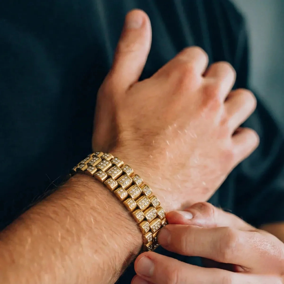 18mm Iced Out Watch Band Chain Bracelet Gold Worn by Male Model Close Up