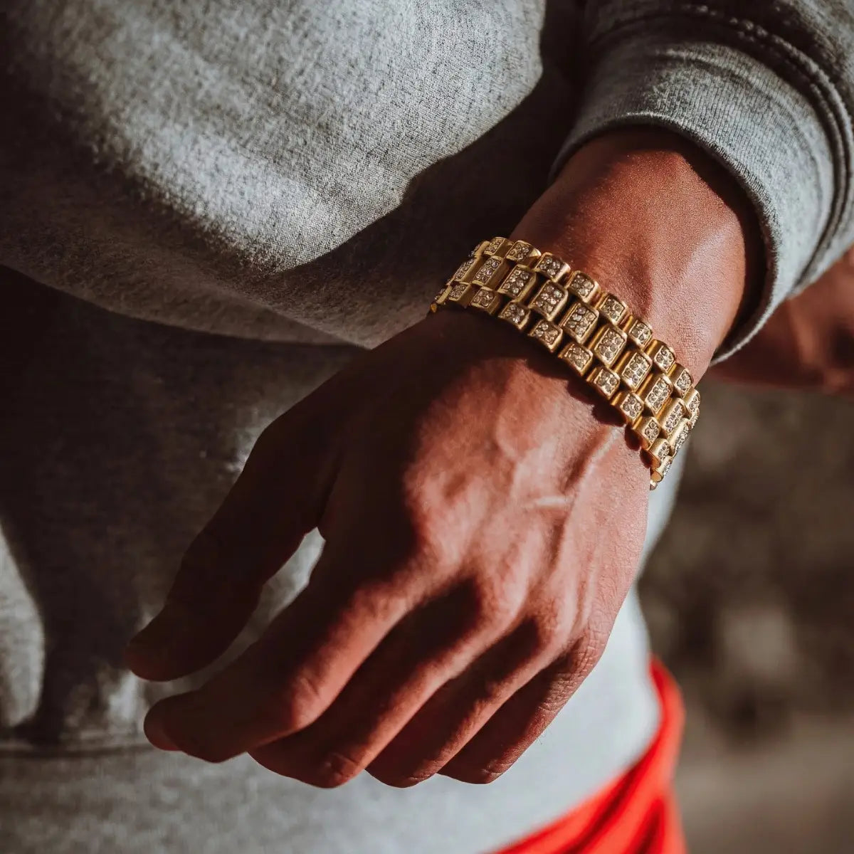 18mm Iced Out Watch Band Chain Bracelet Gold Worn by Male Model