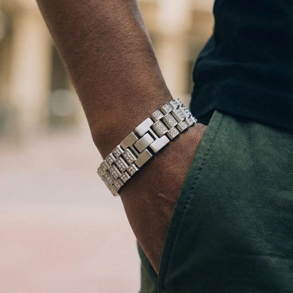 18mm Iced Out Watch Band Chain Bracelet Silver Worn by Male Model