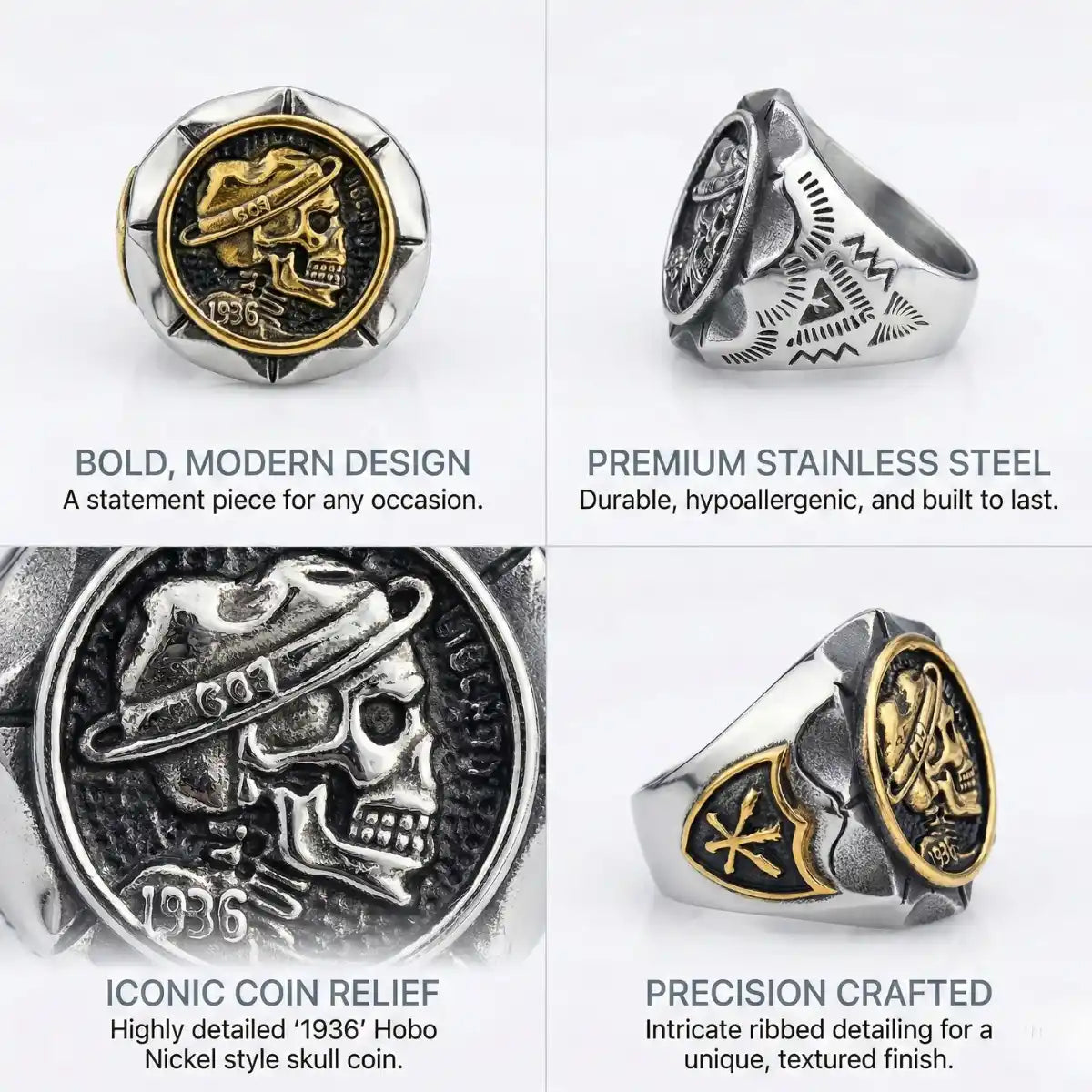 1936 Hobo Nickel Skull Coin Ring Features