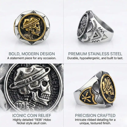 1936 Hobo Nickel Skull Coin Ring Features