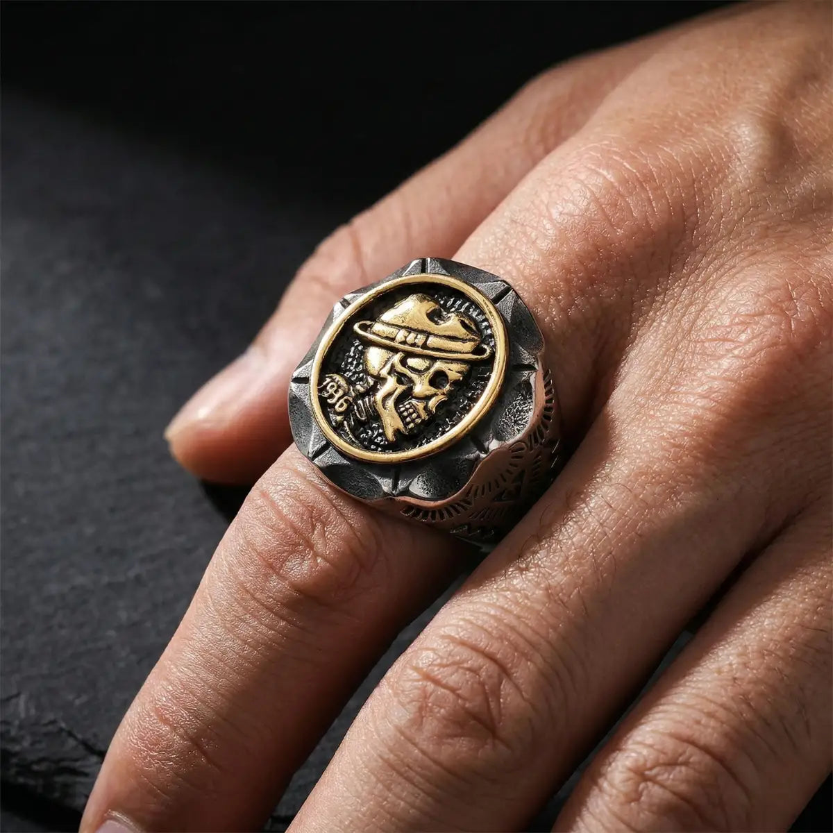 1936 Hobo Nickel Skull Coin Ring Gold Worn by Male Model Close Up