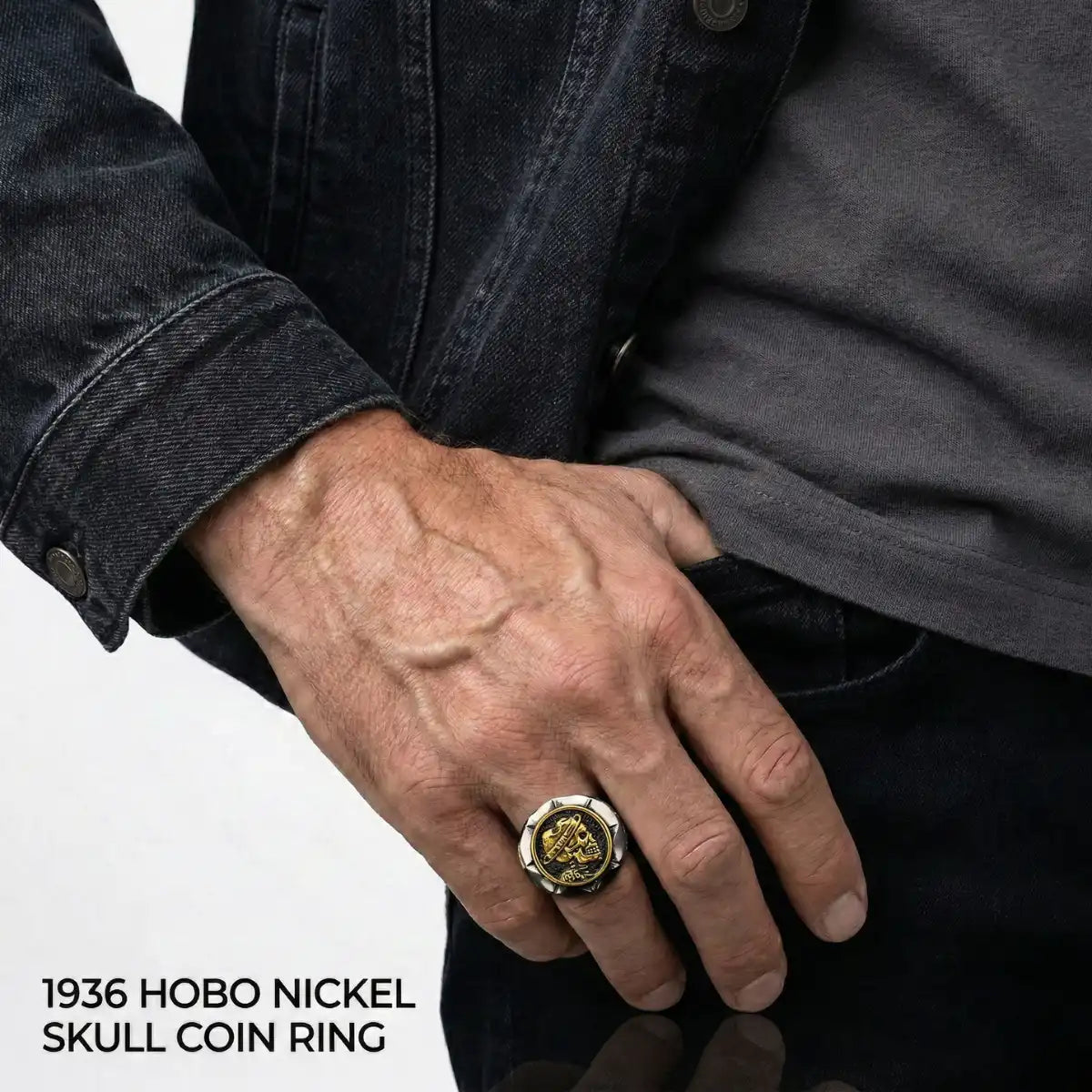 1936 Hobo Nickel Skull Coin Ring Gold Worn by Male Model
