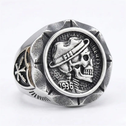 1936 Hobo Nickel Skull Coin Ring Silver Details