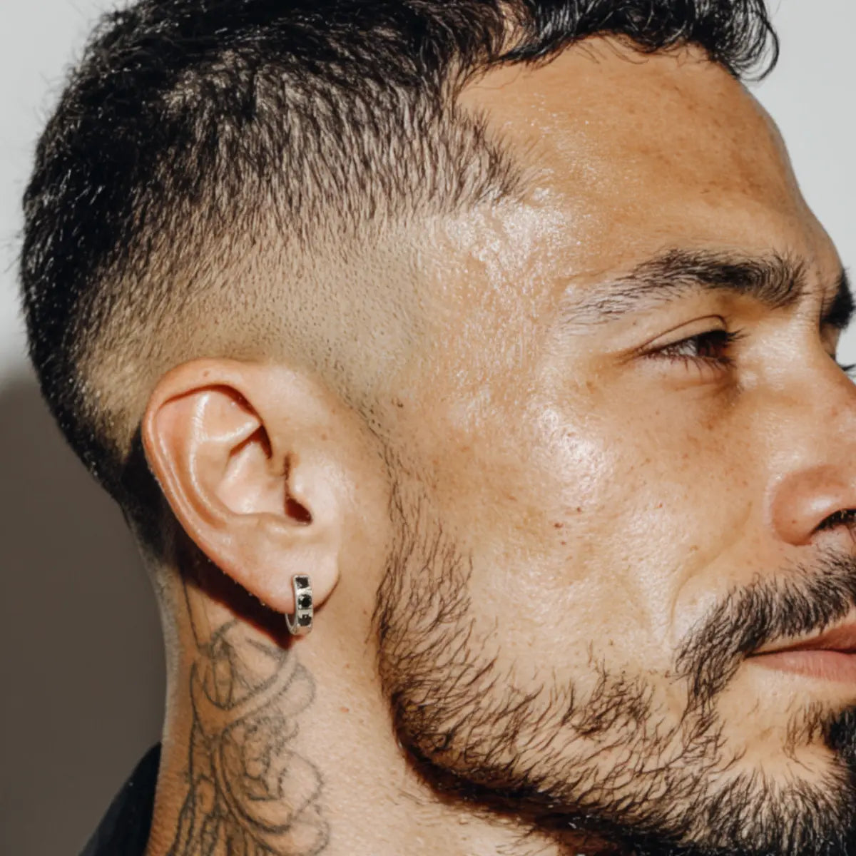 3.5mm Chunky Diamond Huggie Hoop Earrings Black Worn by Male Model