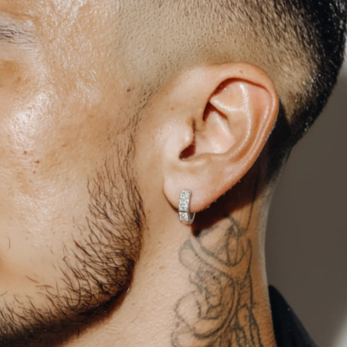 3.5mm Chunky Diamond Huggie Hoop Earrings White Gold Worn by Male Model