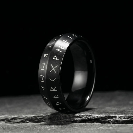 316L Stainless Steel Rune Ring Black Front View Mens Viking Jewelry