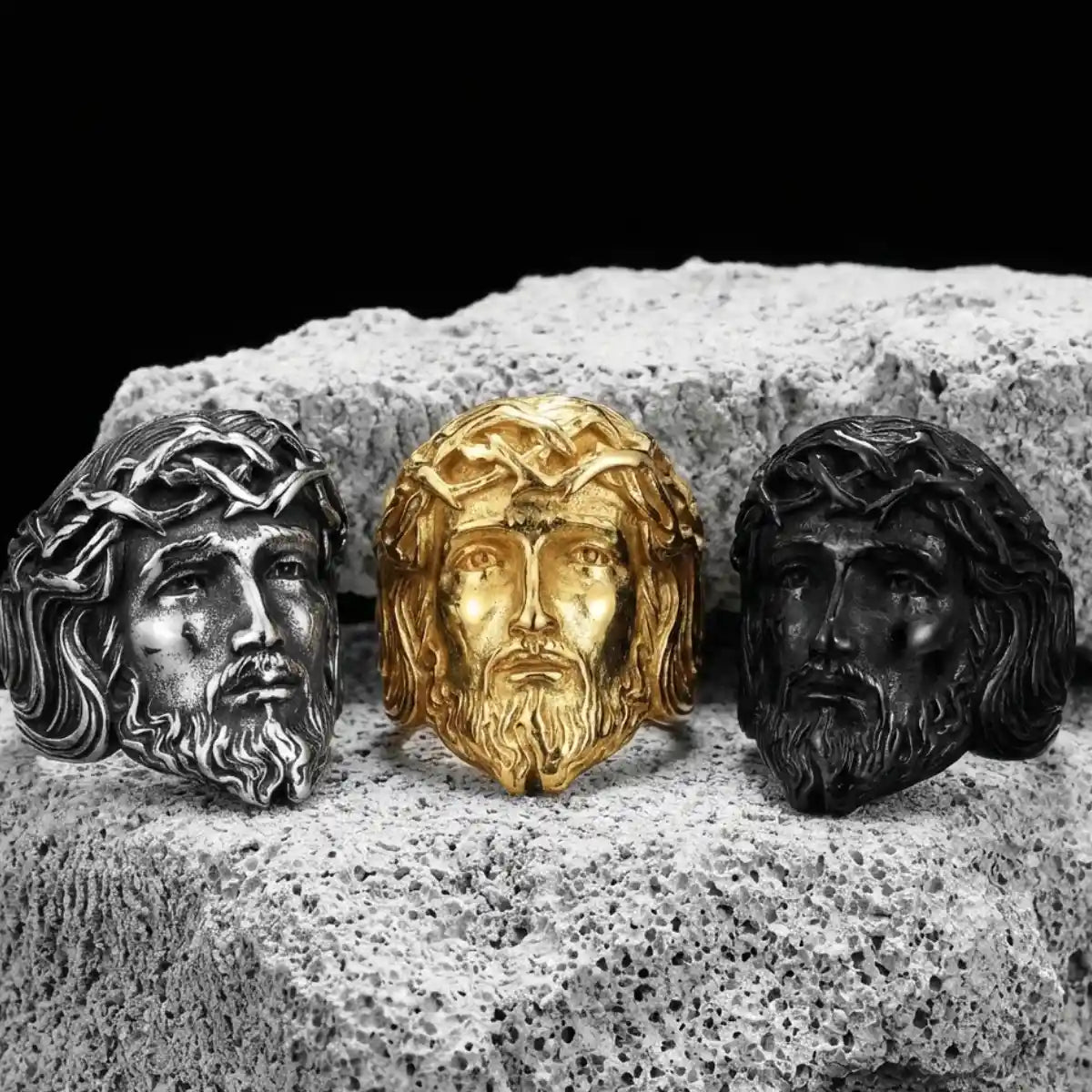 3D Jesus Head Thorn Rings Silver Gold and Black Details
