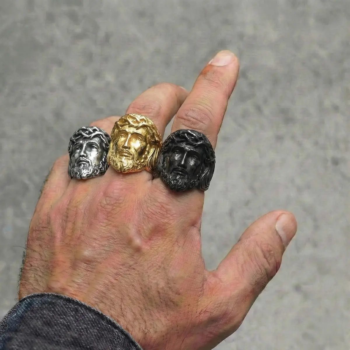3D Jesus Head Thorn Rings Silver Gold and Black Worn by Male Model