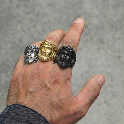 3D Jesus Head Thorn Rings Silver Gold and Black Worn by Male Model