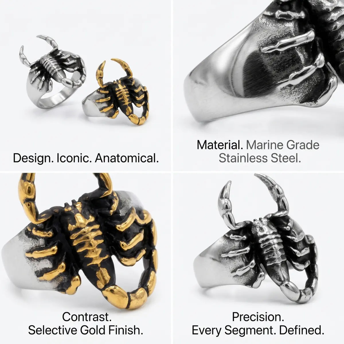 3D Scorpion Ring Design Features Marine Grade Stainless Steel Anatomical Animal Jewelry