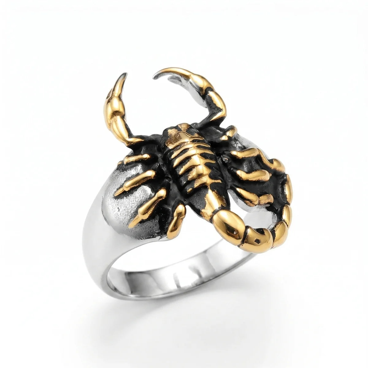3D Scorpion Ring Gold Dual Tone White Background Mens Arachnid Jewelry