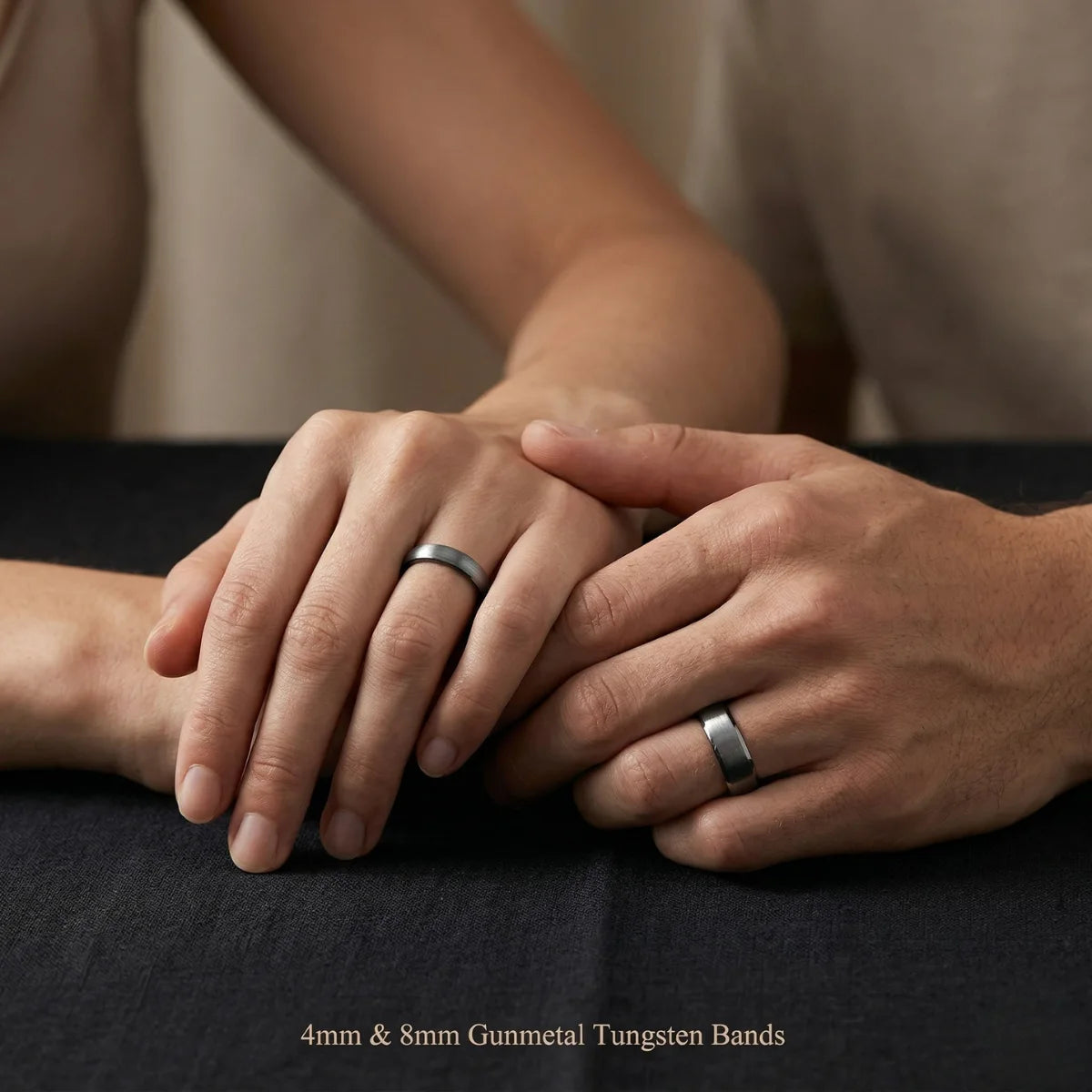 4mm and 8mm Gunmetal Tungsten Bands Worn by Couple Model