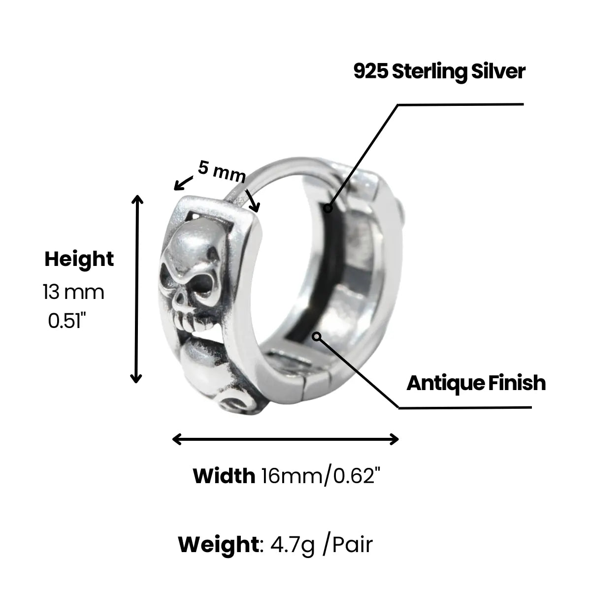 5mm Silver Skull Head Huggie Hoop Earrings Dimensions and Weight