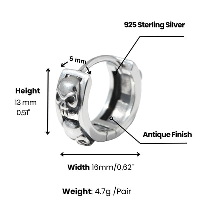 5mm Silver Skull Head Huggie Hoop Earrings Dimensions and Weight