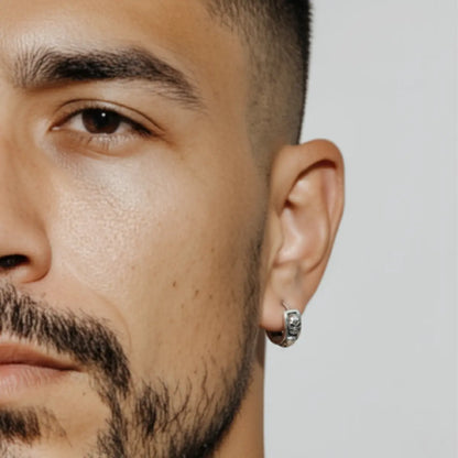 5mm Silver Skull Head Huggie Hoop Earrings Worn by Male Model