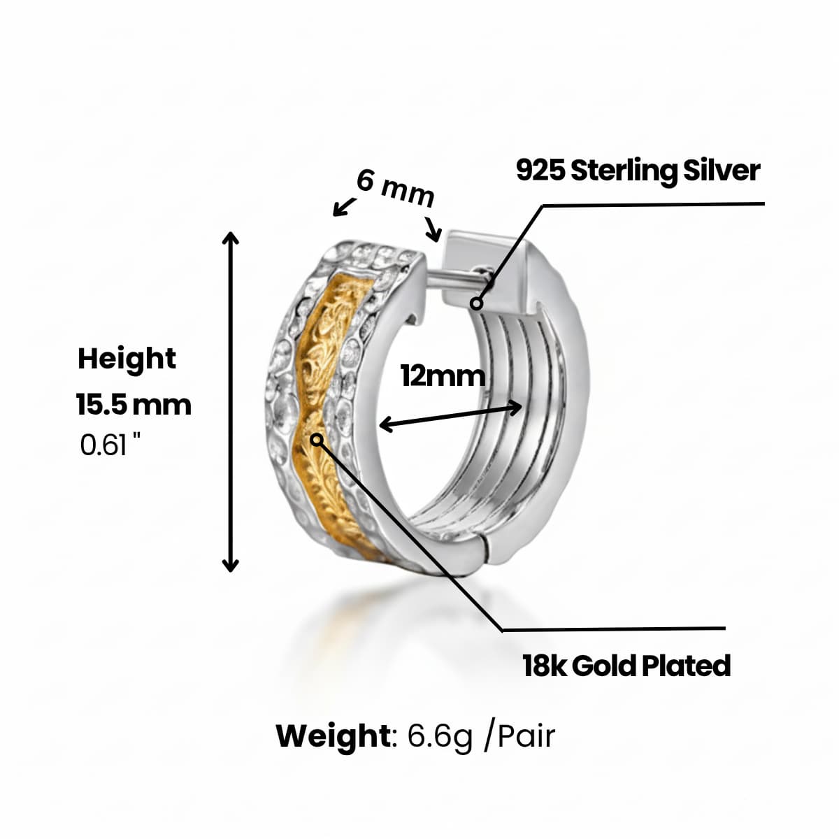 6mm Huggie Hoop Earrings 18K Two Tone Gold Dimensions and Weight