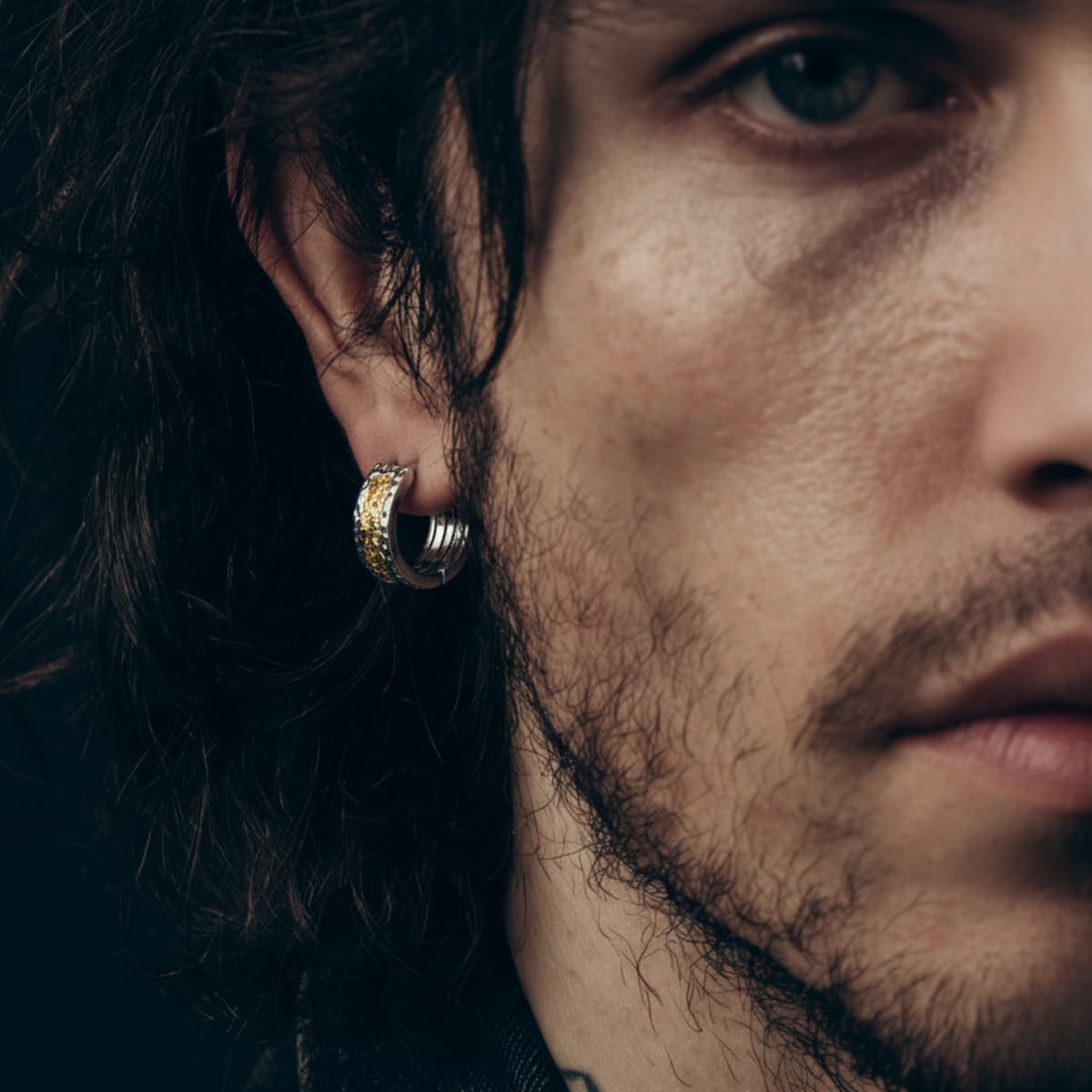 6mm Huggie Hoop Earrings 18K Two Tone Gold Worn by Male Model Front