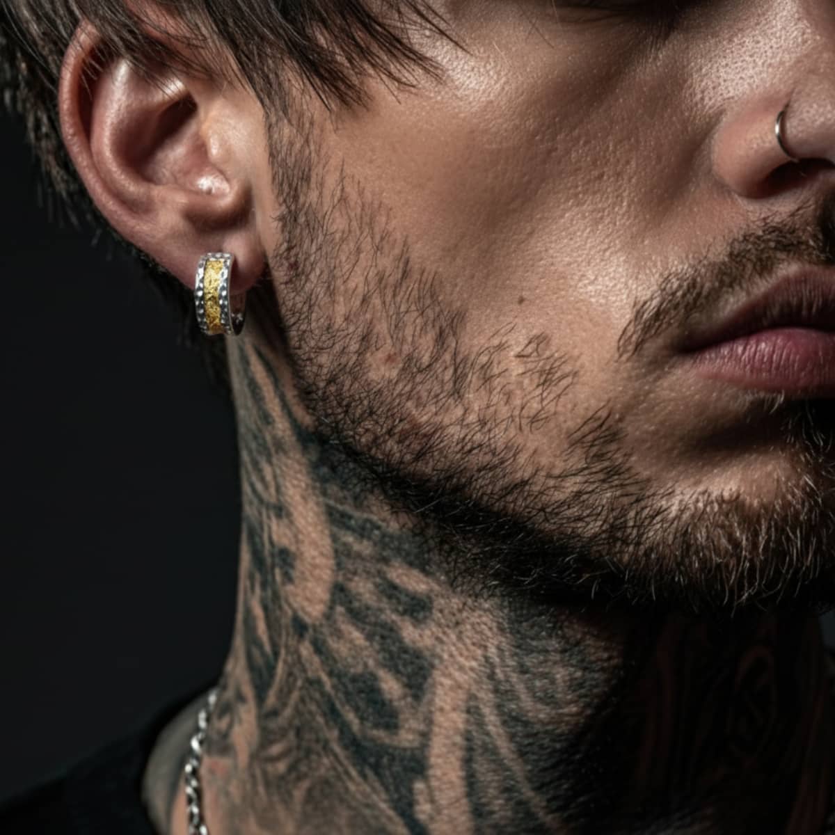 6mm Huggie Hoop Earrings 18K Two Tone Gold Worn by Male Model Side