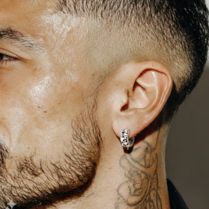 6mm Silver Skull Cluster Huggie Hoop Earrings Worn by Male Model