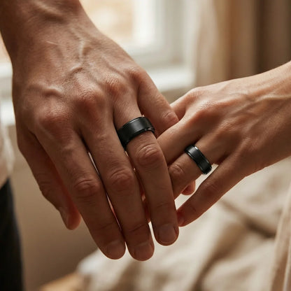6mm and 10mm Classic Black Tungsten Rings Worn by Couple Model