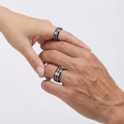 6mm and 8mm Double Inlay Meteorite Tungsten Ring Worn by Couple Model