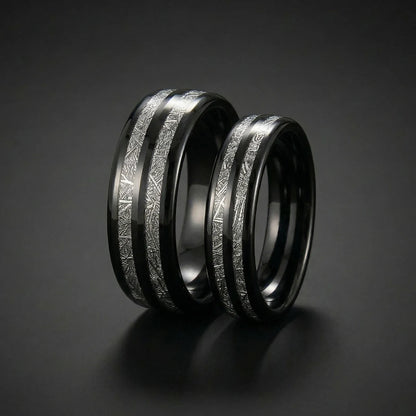 6mm and 8mm Double Inlay Meteorite Tungsten Ring