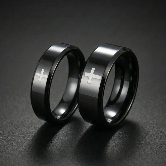 6mm and 8mm black Tungsten Cross Rings matching set