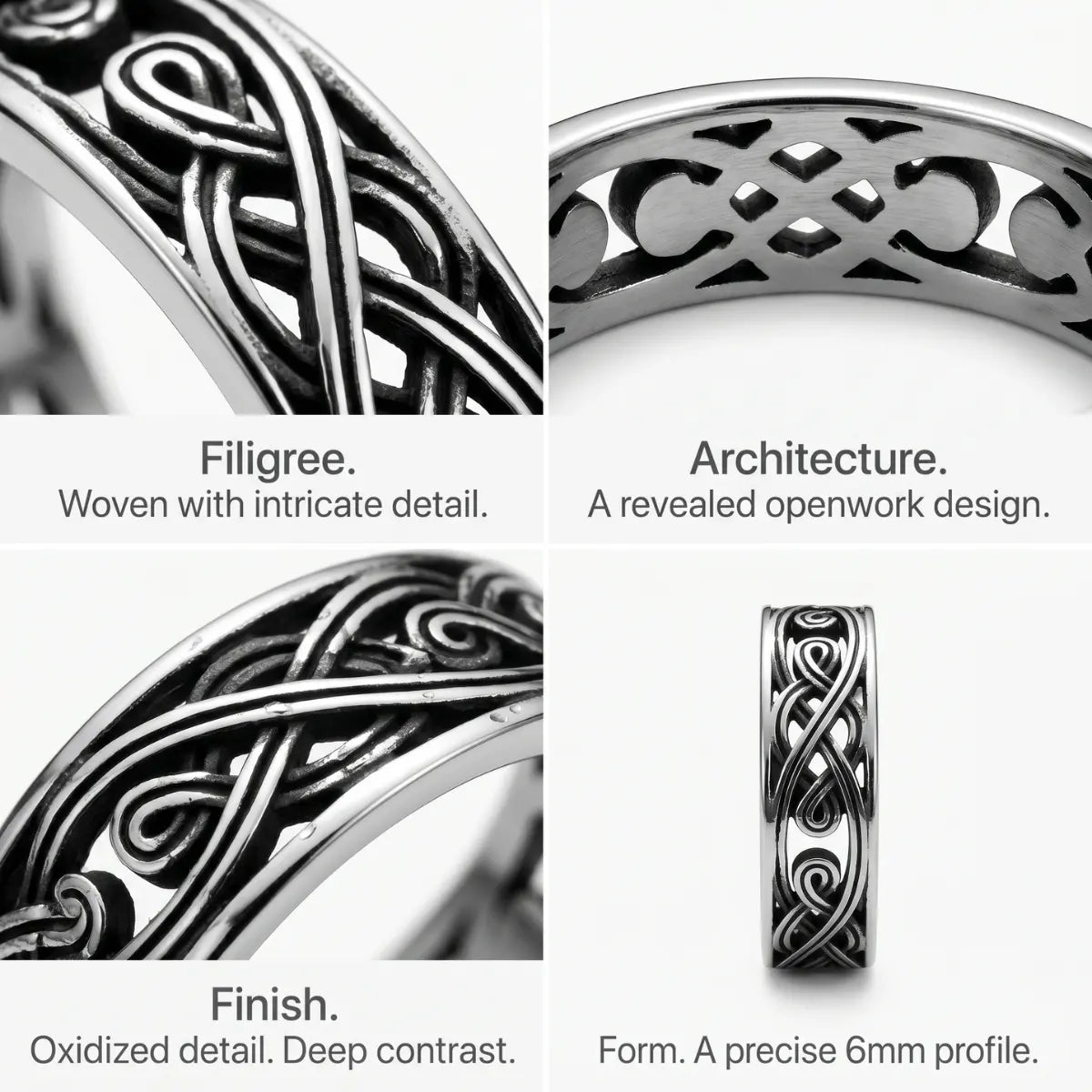6mm Filigree Knot Band Design Features 316L Stainless Steel Openwork Ring