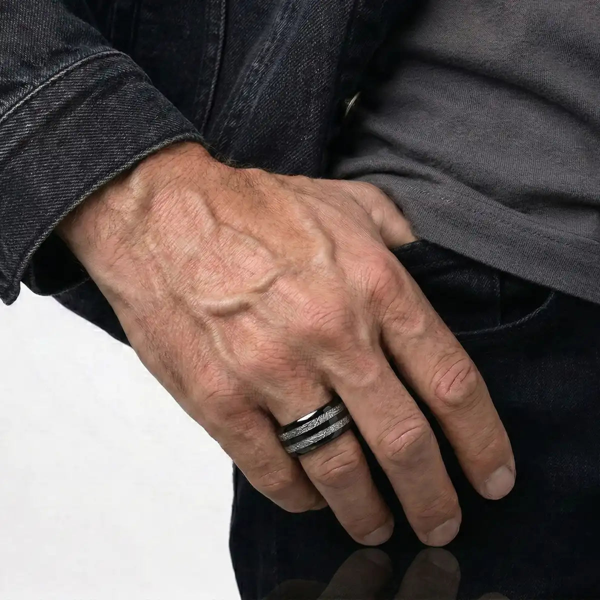 8mm Double Inlay Meteorite Tungsten Ring Worn by Male Model Close Up