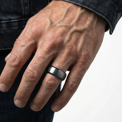 8mm Gunmetal Tungsten Band Worn by Male Model Close Up