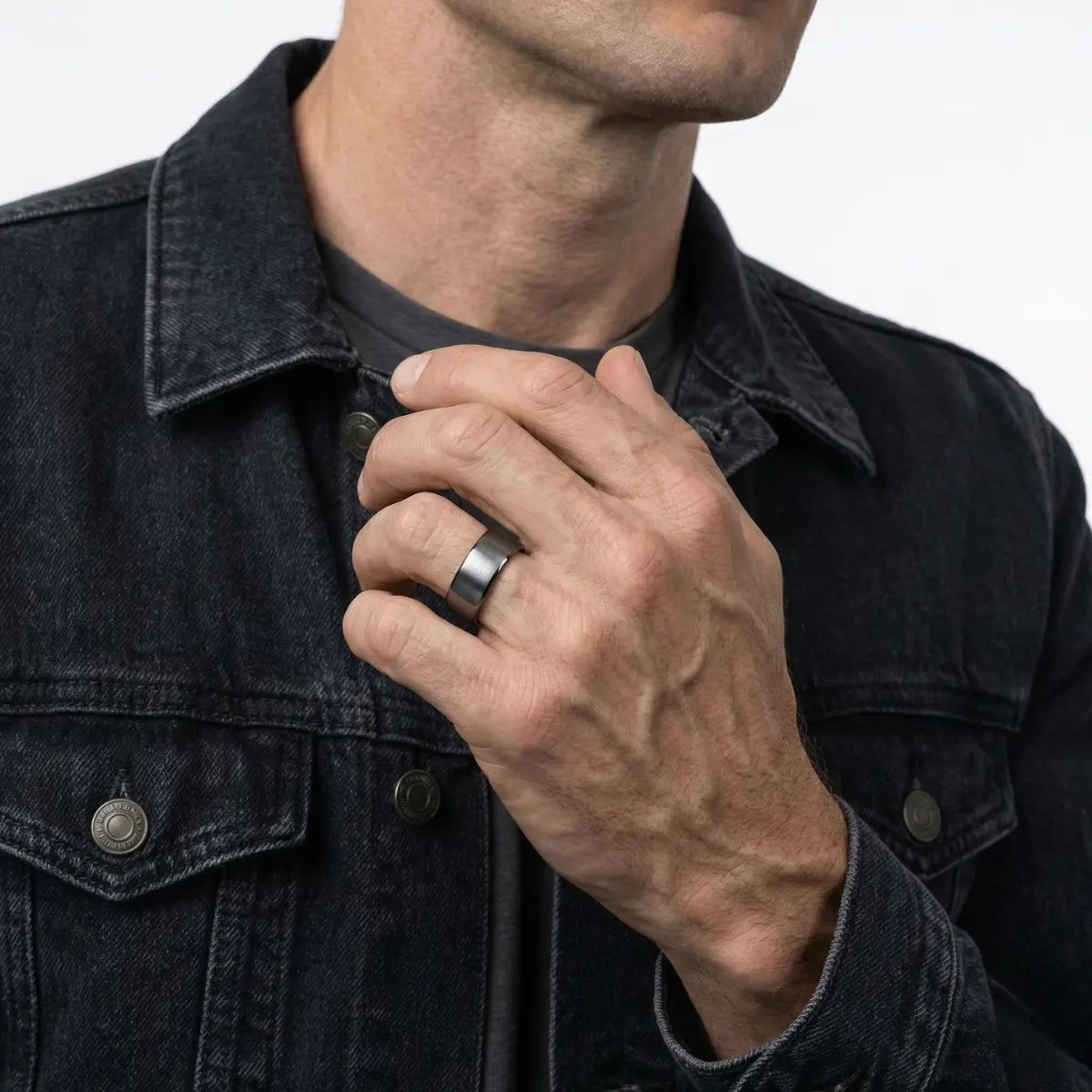 8mm Gunmetal Tungsten Band Worn by Male Model
