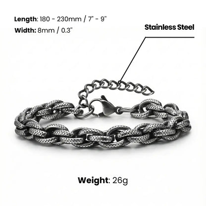 8mm Stainless Steel Textured Link Chain Bracelet Dimensions and Weight