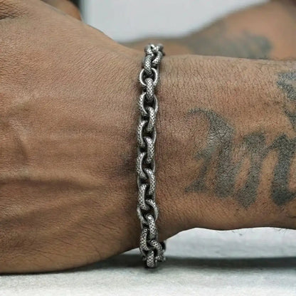 8mm Stainless Steel Textured Link Chain Bracelet Vintage Silver Worn by Male Model Close Up