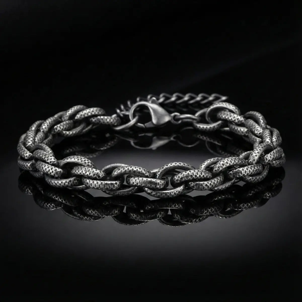 8mm Stainless Steel Textured Link Chain Bracelet Vintage Silver