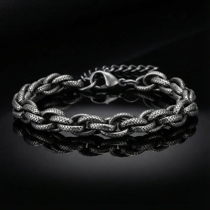 8mm Stainless Steel Textured Link Chain Bracelet Vintage Silver