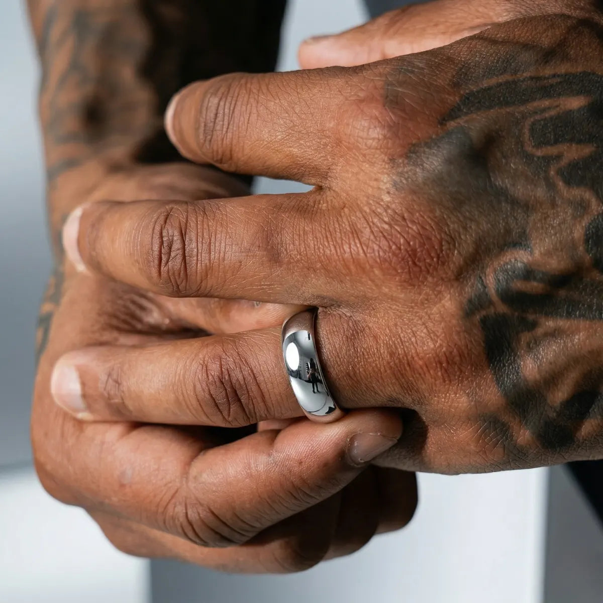 8mm Tungsten Carbide Ring Worn by Male Model Close Up